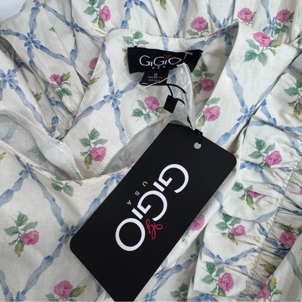 Gigio Round neck mini babydoll Tiered Cottage core puff sleeves trellis Dress Sm - Picture 10 of 10